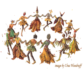 Leaves and nuts as dancers in a circle